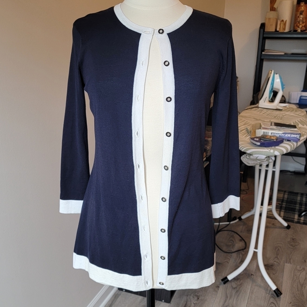 Doncaster Navy and Cream Button-Down Cardigan Silk Snd Cotton